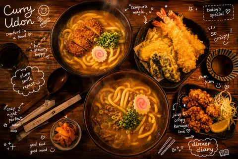 Overhead cinematic food photography of a comforting Japanese curry udon meal set - AI生成图片 2