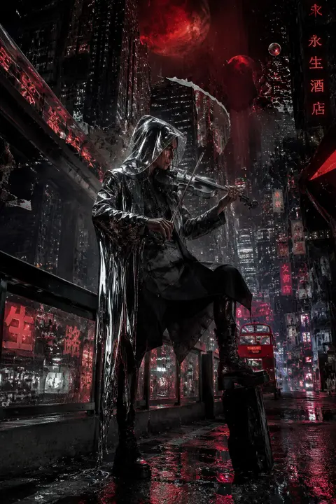 A vertical low-angle view from street level, capturing a solitary violin busker - AI生成图片 3