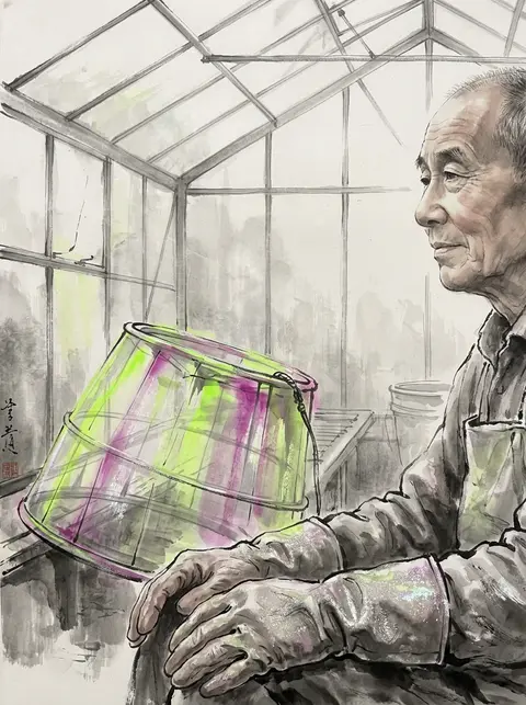 elderly fisherman in a sunlit greenhouse, quiet intimate atmosphere, traditional - AI生成图片 1
