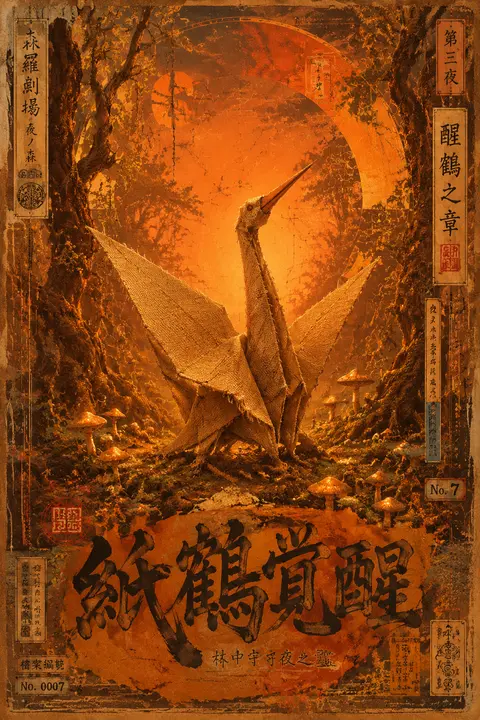 一只苏醒的折纸纸鹤立于幽暗发光林地中央，纵向极简构图，梦境般宁静气息；整体重塑为浮世绘木版画风，画面以温暖落日橙渐变统治，从琥珀到焦糖再到微熔金色，没有黑白对比 - AI生成图片 1