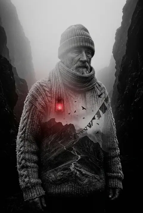 an elderly fisherman wrapped in heavy knitted wool layers, weather-cut face half - AI生成图片 1