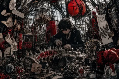 A young clockwork prodigy with ink-stained fingers kneels inside a blazing conse - AI生成图片 1