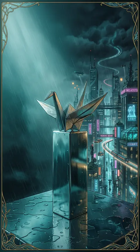 a living origami paper crane poised atop a monumental polished chrome monolith, - AI生成图片 2