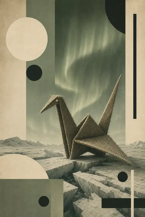 A sentient origami paper crane poised on splintered ice ridges across a silent t - AI生成图片 2