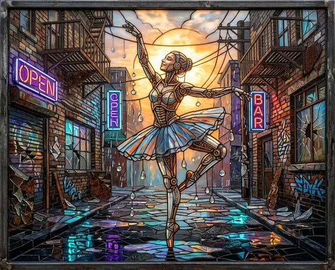 Stained-glass mosaic of a robotic ballet dancer twirling in a rain-soaked back a - AI生成图片 2