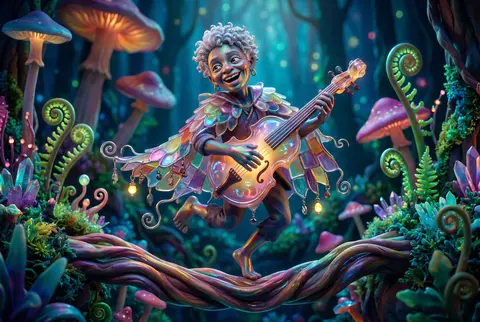 A jubilant wandering street musician with a lopsided grin twirls through a biolu - AI生成图片 2