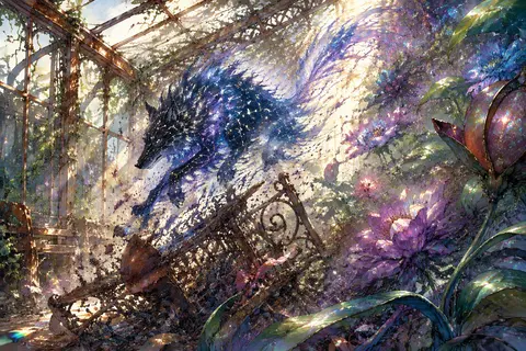 竖版 9:16，水彩故事书插画风格，一座被正午阳光灌满的玻璃温室里，场景像失控的诗意风暴：一只由星群与细碎银河连缀而成的狼正从翻倒的锈蚀铁花架间跃起，身躯由发光 - AI生成图片 1