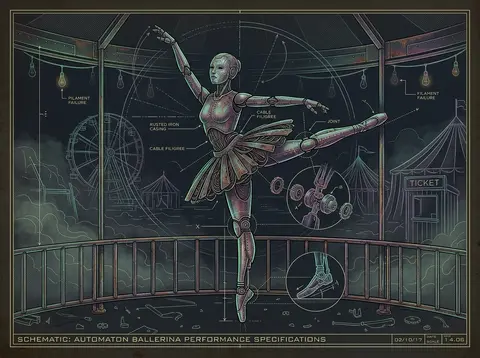 Full-body portrait of a poised robotic ballet dancer built from riveted rusted i - AI生成图片 1