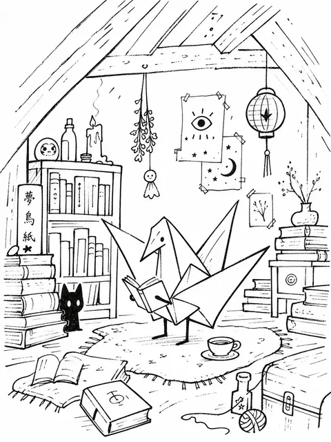 minimalist hand-drawn doodle illustration of a sentient origami paper crane in a - AI生成图片 1