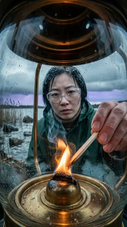 超写实电影级照片，采用极端贴近视角，仿佛相机被安置在一只复古船用防风提灯的透明罩腔内向外凝视；画面四周被弯曲玻璃包围，玻璃表面覆着雾珠、盐霜般的细小颗粒、擦拭留 - AI生成图片 3