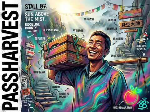 高冲击力涂鸦街头壁画风海报，竖版 4:5 构图，主角是一位神采飞扬的山路果贩，肩扛漆光木制果箱，箱沿挂着晶亮露珠与缎带般藤叶，脸上带着开朗又笃定的笑意，微微仰头 - AI生成图片 2