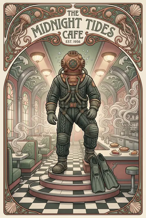 Monumental art nouveau poster of a deep-sea diver enthroned inside a glowing 195 - AI生成图片 3