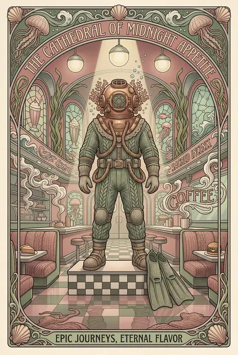 Monumental art nouveau poster of a deep-sea diver enthroned inside a glowing 195 - AI生成图片 4