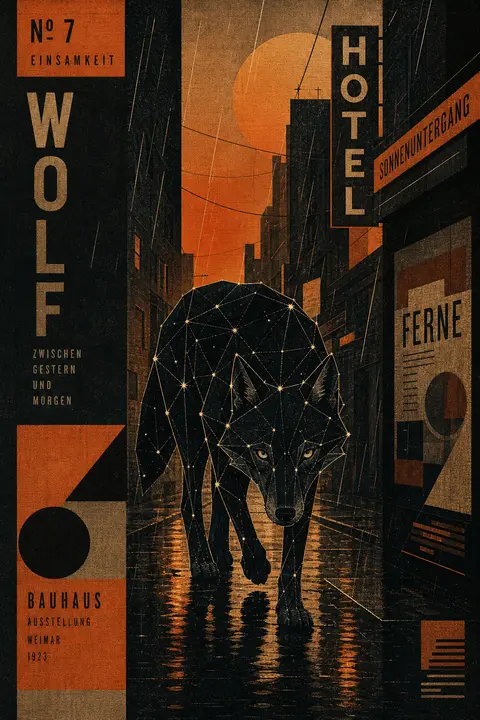constellation wolf prowling through a rain-soaked back alley, bauhaus geometric - AI生成图片 1