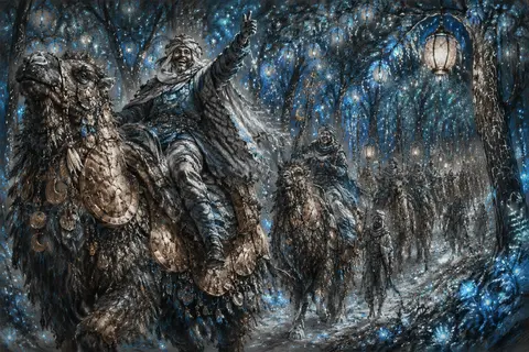 Charcoal sketch of a jubilant desert nomad caravan winding through a bioluminesc - AI生成图片 2