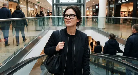Photorealistic smartphone candid of Selene Voss riding an escalator, preserving - AI生成图片 1
