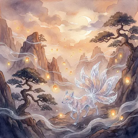 mythical nine-tailed fox spirit wandering a fog-shrouded mountain pass, frosted - AI生成图片 1