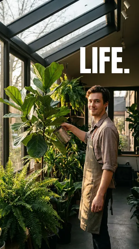 Premium editorial campaign.Main Subject:Young man florist watering tall indoor p - AI生成图片 2