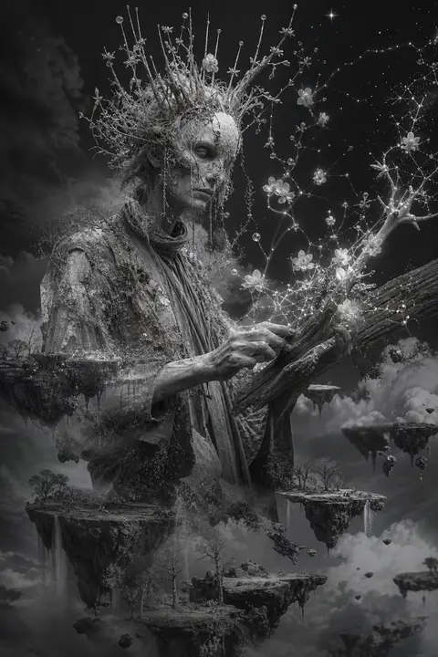 A spectral orchard-keeper on a shattered levitating archipelago, coaxing constel - AI生成图片 2