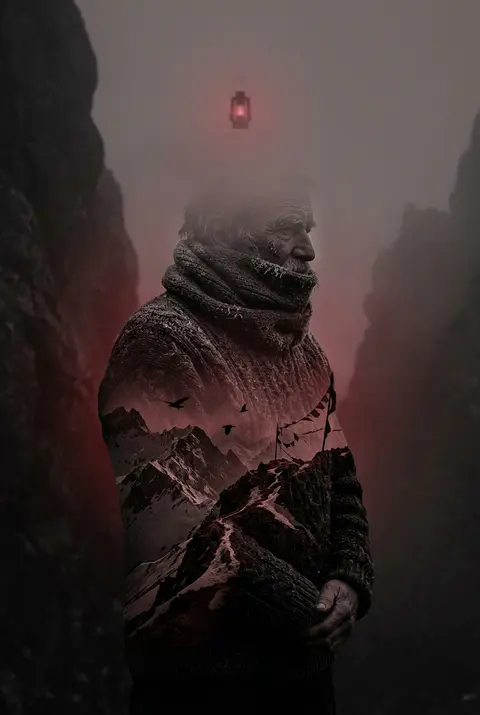 an elderly fisherman wrapped in heavy knitted wool layers, weather-cut face half - AI生成图片 2