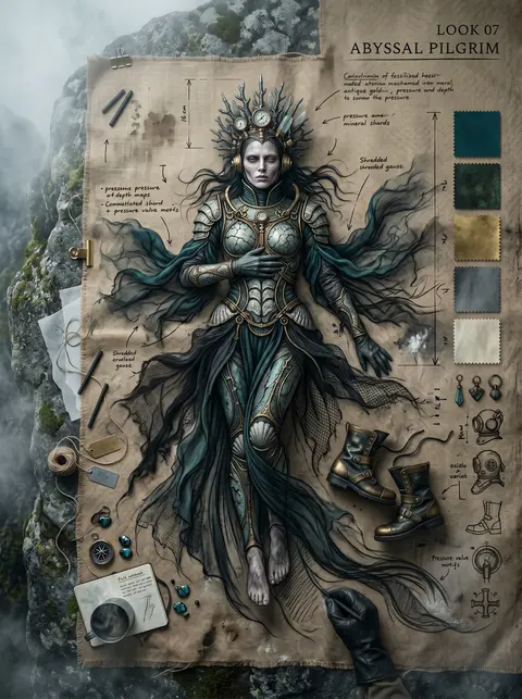 Overhead editorial tableau in a fog-drowned mountain pass: an enormous sheet of - AI生成图片 3