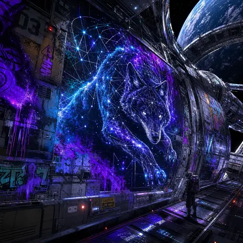 a tense cinematic graffiti street mural on the exterior ring of an orbital space - AI生成图片 1