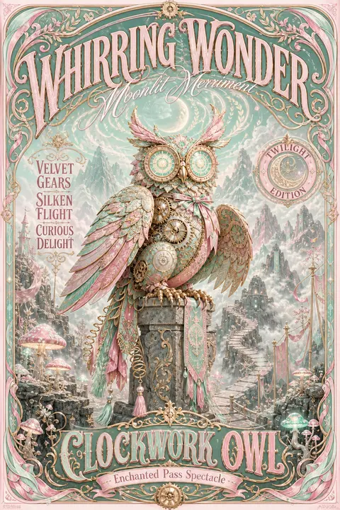 纵向构图的奇想风海报，一只机械发条猫头鹰立于云雾缭绕的高山隘口石碑之上，身躯由薄荷色与糖粉粉色的织锦丝绸、鎏金花纹金属、珍珠母齿轮与缎带羽片构成，双翼半展，姿态 - AI生成图片 3