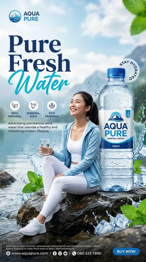 一张高端商业广告风的方形瓶装矿泉水海报，清新纯净的蓝白配色，现代健康生活方式主题，电商宣传图风格。画面中央偏右是一只超大号透明塑料矿泉水瓶，瓶身布满细密冷凝水珠 - AI生成图片 2