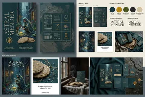 8K品牌视觉提案，一款虚构高端夜雨系手作甜点品牌“ASTRAL MENDER”的整套包装与形象展示；核心气质安静、亲密、珍贵、诗意，彻底避开常规食品商业风，采用 - AI生成图片 4
