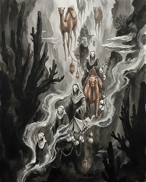A dreamlike caravan of veiled desert wanderers descending through a vast oceanic - AI生成图片 4