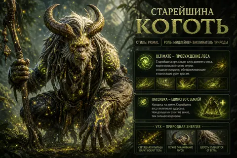 СТАРЕЙШИНА КОГОТЬ — Стиль: PrimalРоль: Мидлейнер-заклинатель природы | Внешность - AI生成图片 1