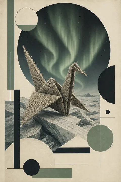 A sentient origami paper crane poised on splintered ice ridges across a silent t - AI生成图片 3