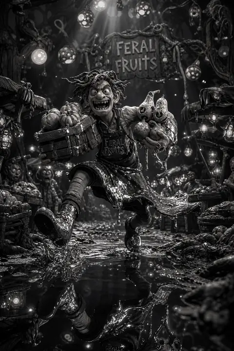 Full-body cinematic tableau of a feral fruit vendor sculpted in claymation stop- - AI生成图片 1
