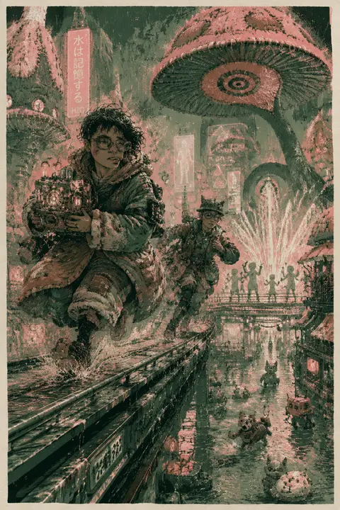 A young tinkering inventor in a soaked patchwork rain smock sprints along an ele - AI生成图片 2