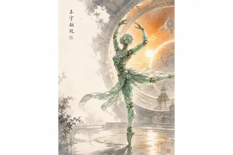 A joyful robotic ballet dancer fashioned from carved jade, twirling inside a sun - AI生成图片 2