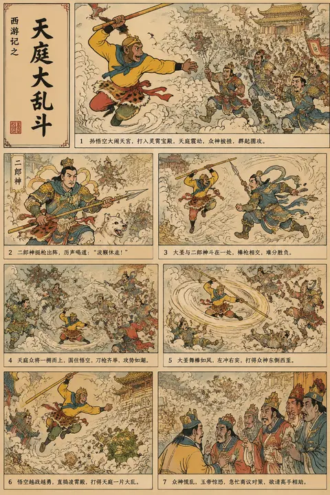 请以传统中国连环画/小人书的风格绘制《西游记》中的“天庭大乱斗”。运用经典的墨线技法，以黑色勾勒轮廓并采用传统着色，描绘孙悟空与天庭大侠激战的动感场景。保持原汁 - AI生成图片 3