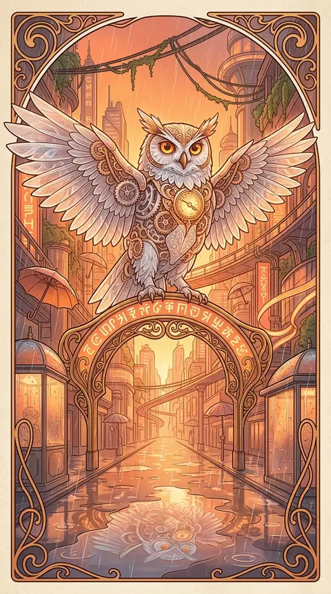 A jubilant clockwork owl towers at the center of a rain-slick neon megacity boul - AI生成图片 1