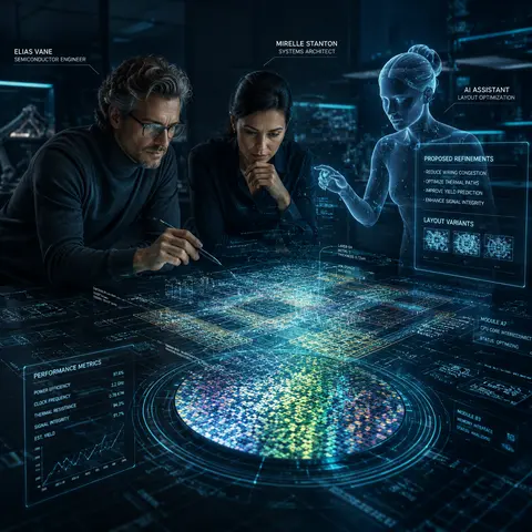 High-end editorial tech illustration of semiconductor engineer Elias Vane and sy - AI生成图片 1