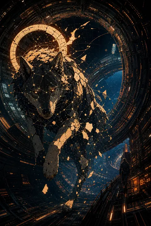 constellation wolf drifting through an orbital space station, cyberpunk neon ill - AI生成图片 1