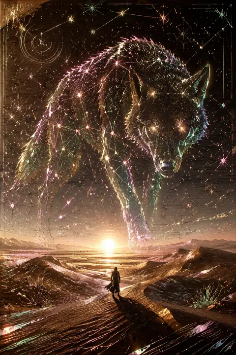 A tense cinematic scene rendered as a holographic foil print on lacquered wood: - AI生成图片 2