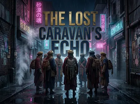 A spectral desert caravan pauses in a rain-lashed service alley at midnight, fro - AI生成图片 2