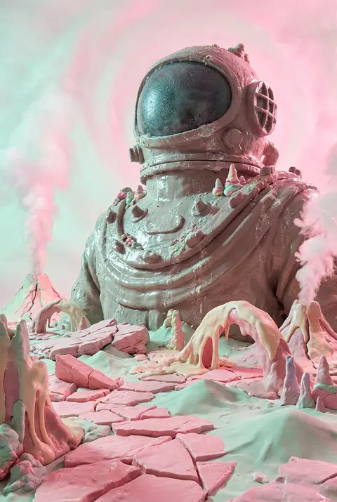 surrealist photo collage of a deep-sea diver as a colossal mythic figure in a vo - AI生成图片 4