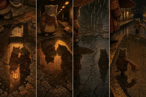 1. A tea-house cat pacing beside a cracked puddle on an abandoned subway platfor - AI生成图片 2
