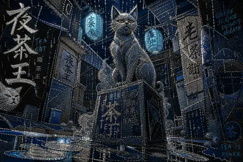 Сюрреалистичный lo-fi premium-постер: в центре напряжённой сцены чайный кот-хозя - AI生成图片 1