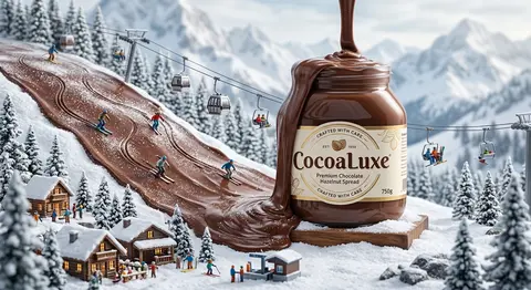 cinematic miniature winter world built around a giant `CocoaLuxe` jar, thick cho - AI生成图片 1