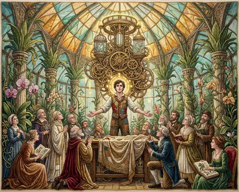 A monumental embroidered textile tableau of a young tinkering inventor standing - AI生成图片 4