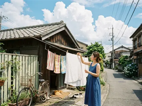 A beautiful Japanese woman hanging freshly washed white linen outside a tiny woo - AI生成图片 1