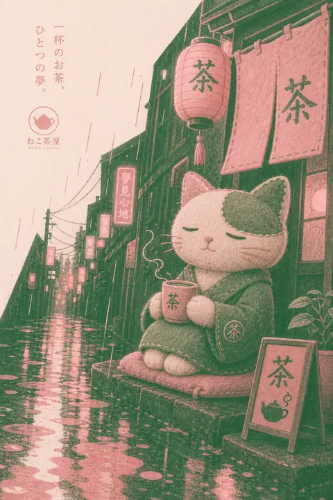 A serene tea-house cat stitched from soft felt, perched in a rain-slick back all - AI生成图片 2