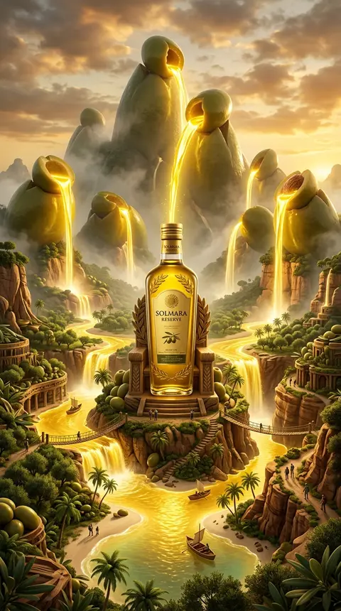 Epic surreal advertising artwork of a premium `Solmara Reserve` olive oil bottle - AI生成图片 2