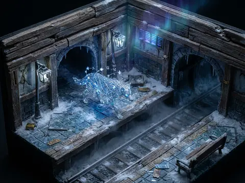 isometric miniature scene, a wolf made of constellations pacing across an abando - AI生成图片 1